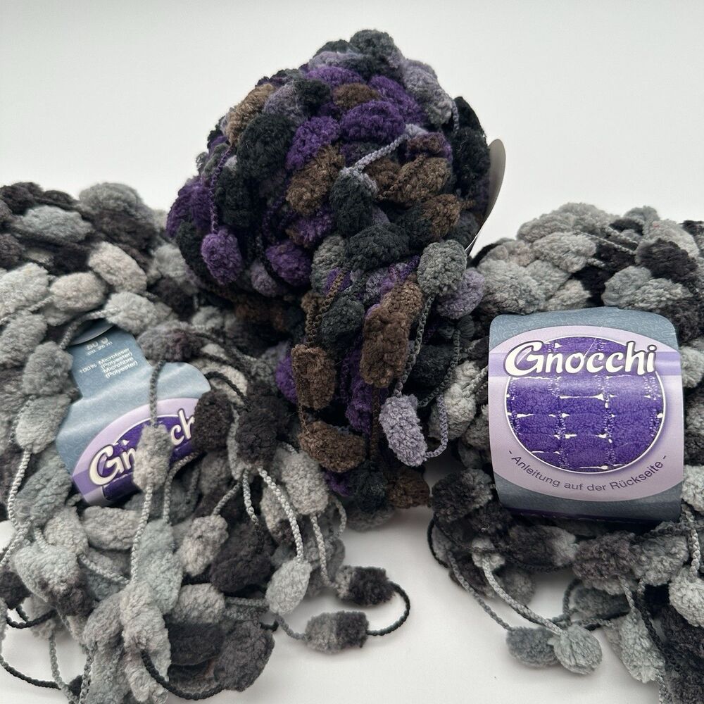 3 Skeins Lana Grossa Gnocchi Yarn 50g Each Gray Purple Brown Pom Pom New VTG